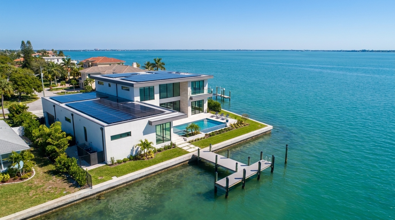 Aerial view of a Tampa Bay home with rooftop solar, near the water