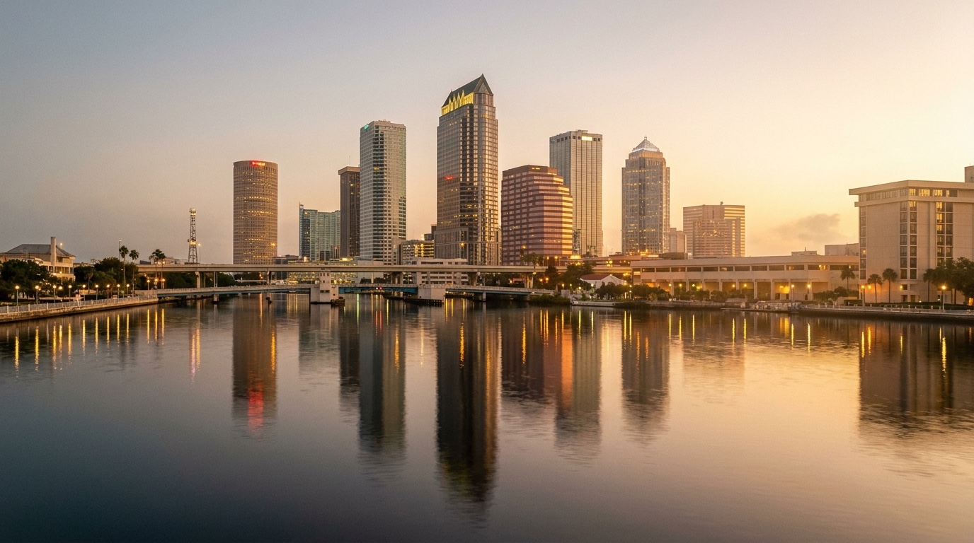 Downtown Tampa skyline at dusk across the water